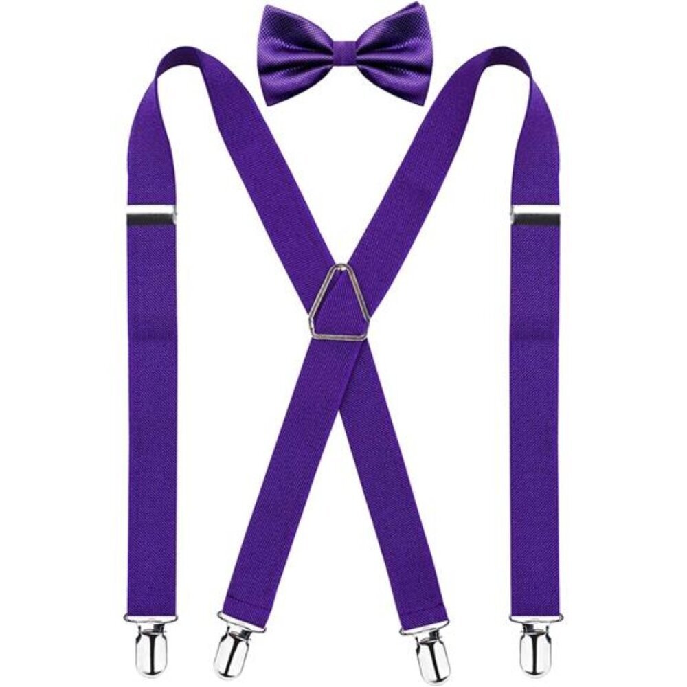 Men's 4 Clips X-Back Solid Suspenders Pre Tied Bow Tie Set Elastic Adjustable